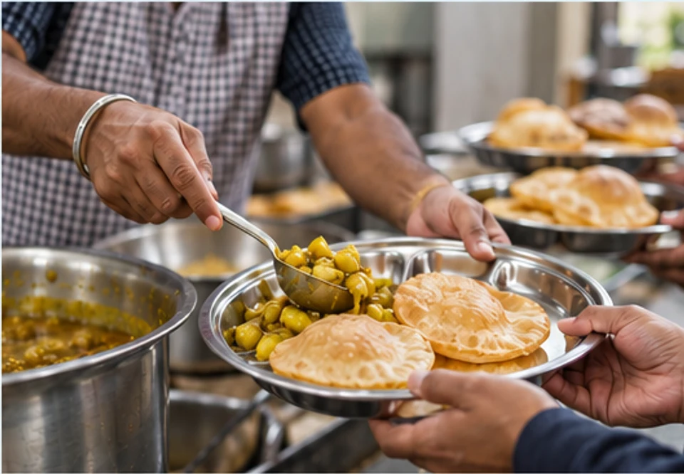 Hands serving poori and aloo sabzi on a stainless-steel plate in a community kitchen.