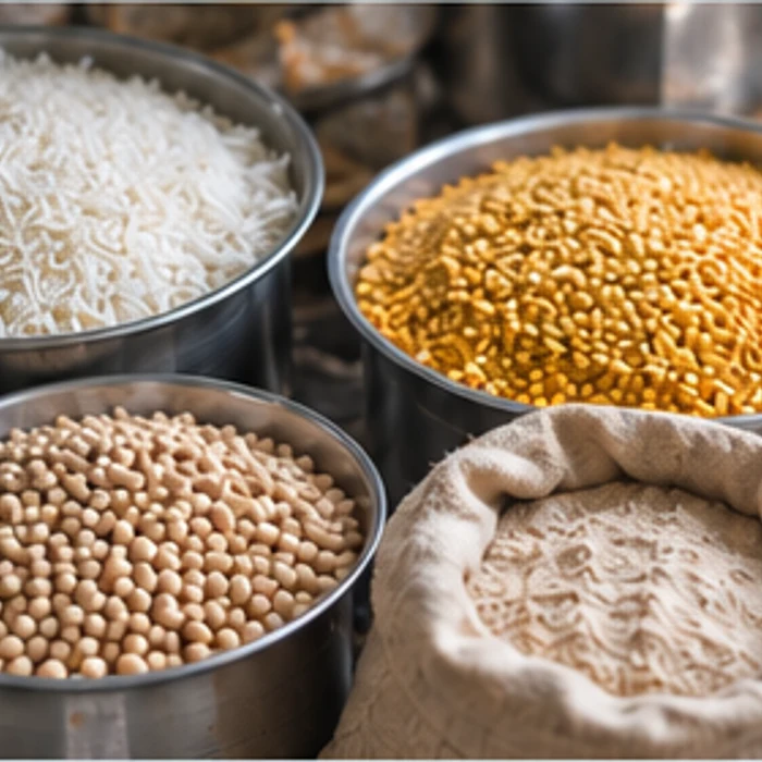 Bowls and sacks of dry ration staples including rice and pulses.