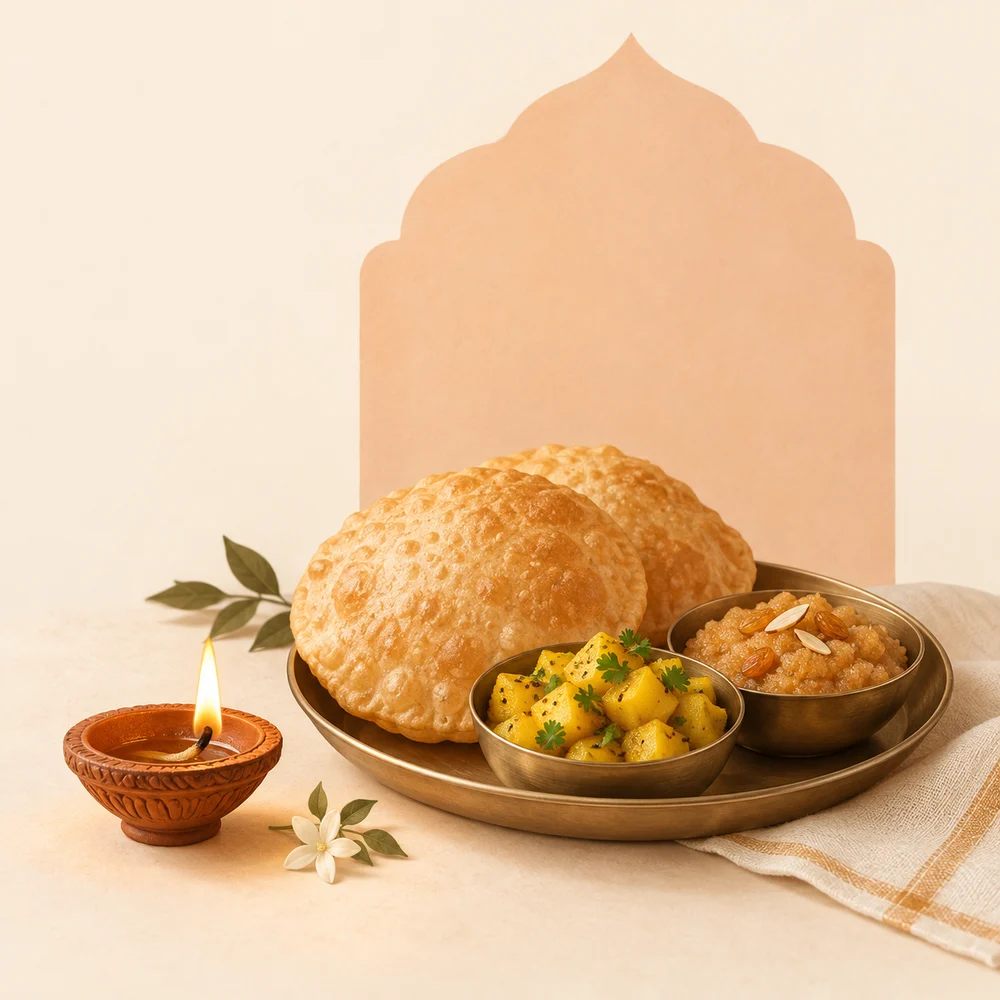 A festive thali of poori, aloo sabzi and halwa beside a lit diya.